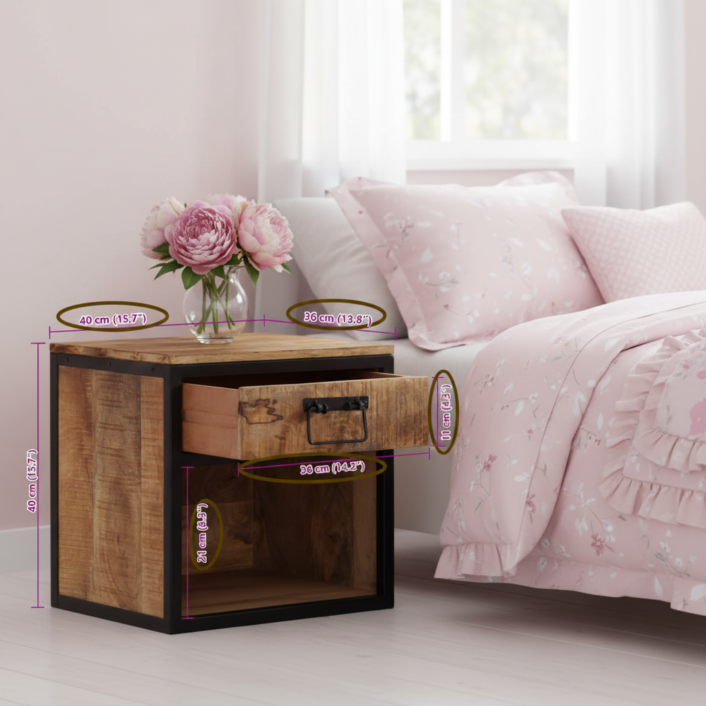 Industrieel nachtkastje met precieze afmetingen