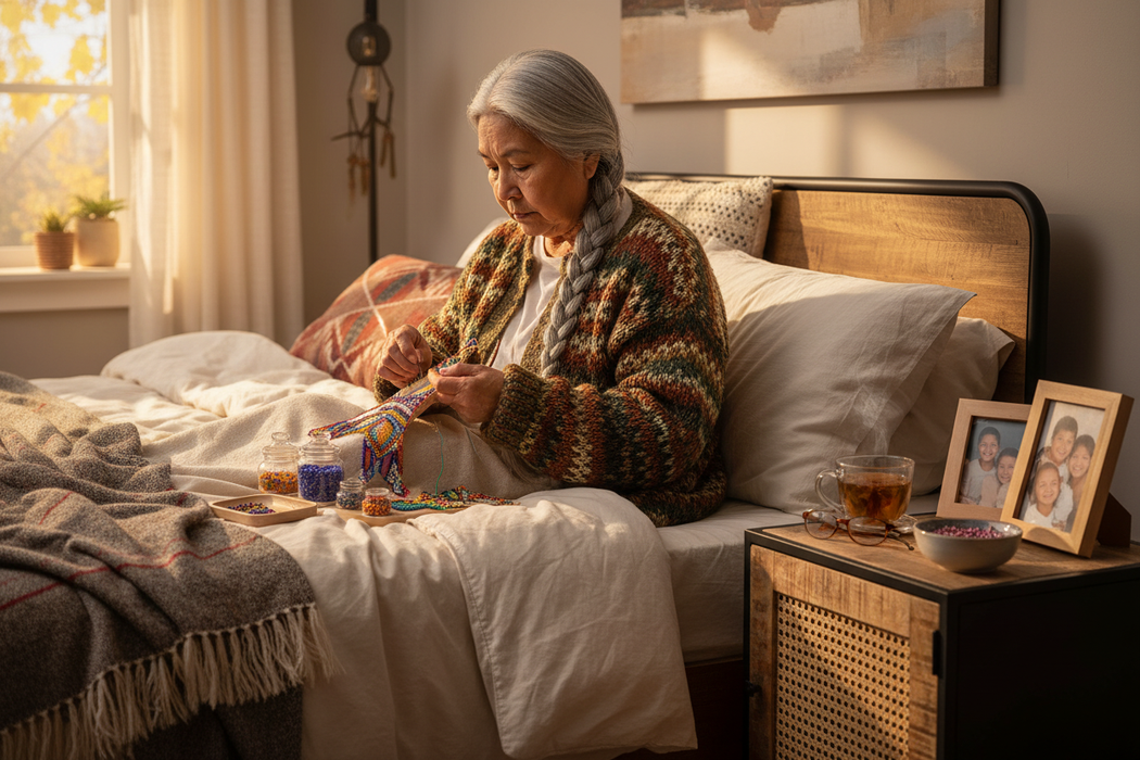 Inheemse oudere vrouw maakt kralenwerkkunst