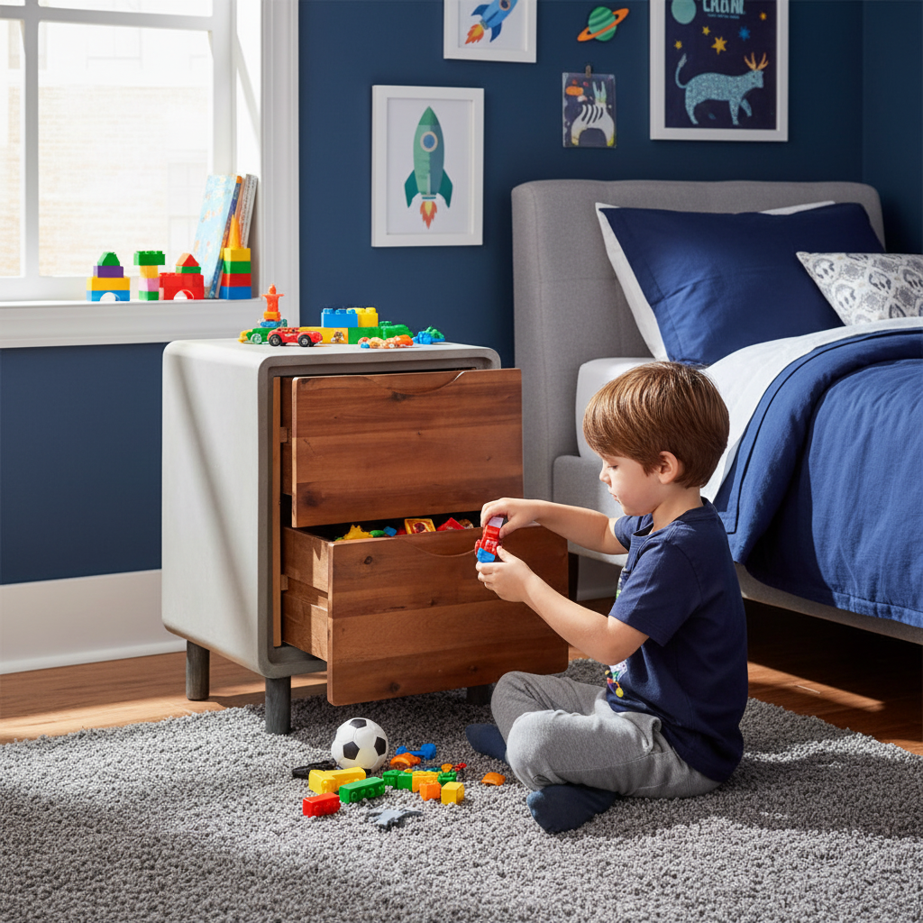 Jongen speelt met nachtkastje