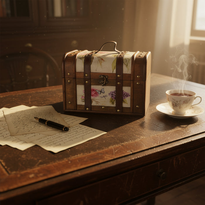 Boîte à bijoux vintage en bois à motif floral avec poignée – 26 x 18 x 17 cm