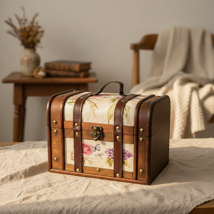 Boîte à bijoux vintage en bois à motif floral avec poignée – 26 x 18 x 17 cm