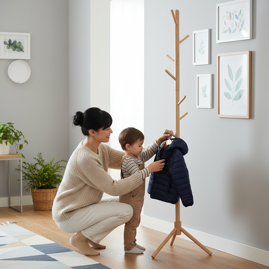 Porte-manteau en hêtre avec trépied – design minimaliste 37 × 37 × 170 cm