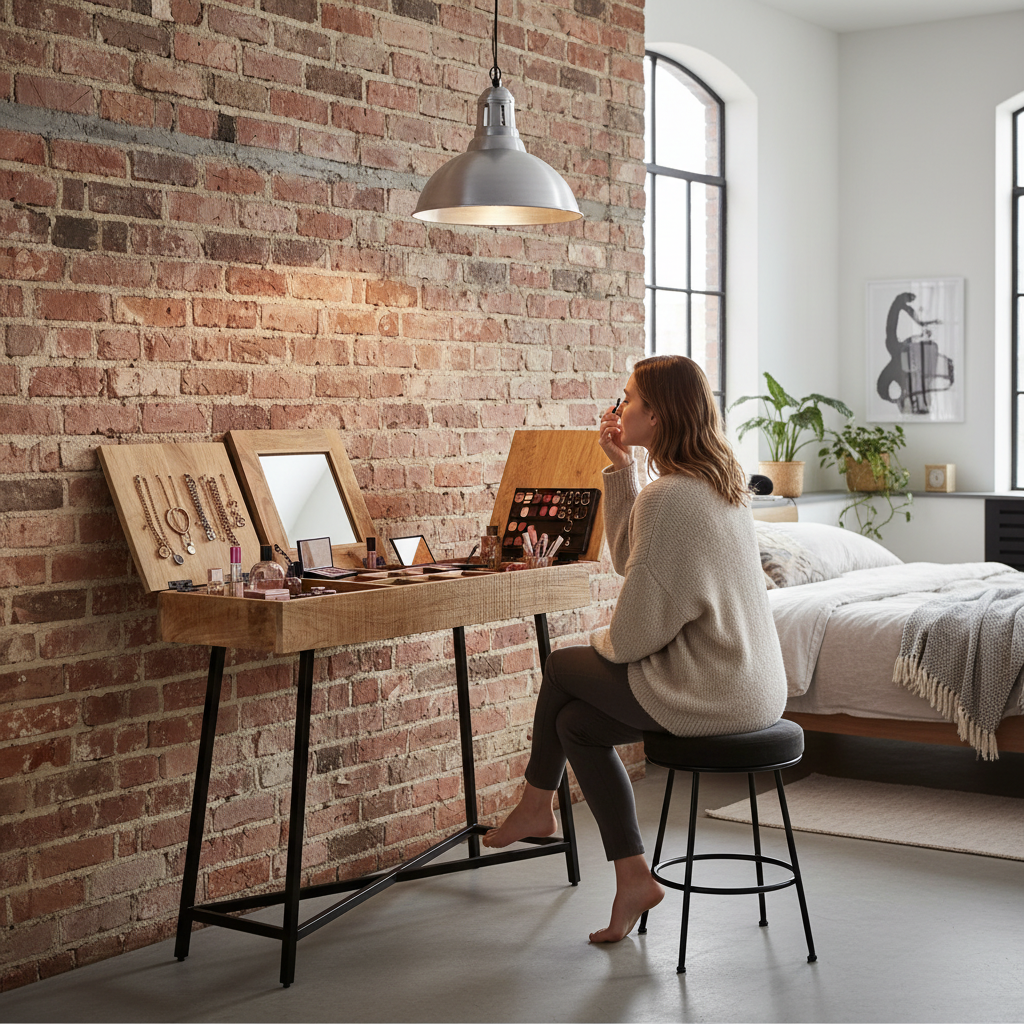 Kaptafel met inklapbare spiegel in loft slaapkamer