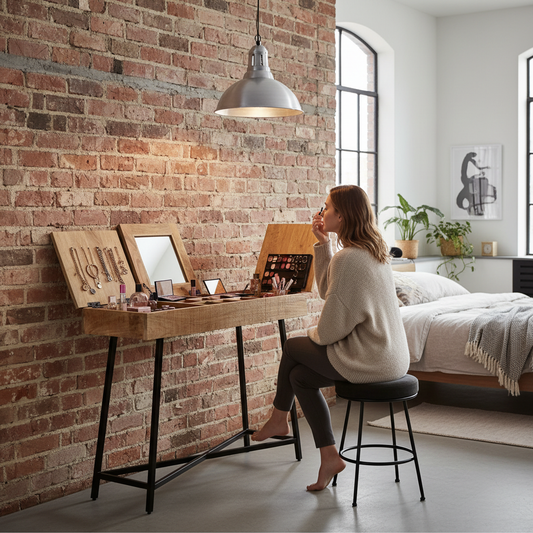 Kaptafel met inklapbare spiegel in loft slaapkamer