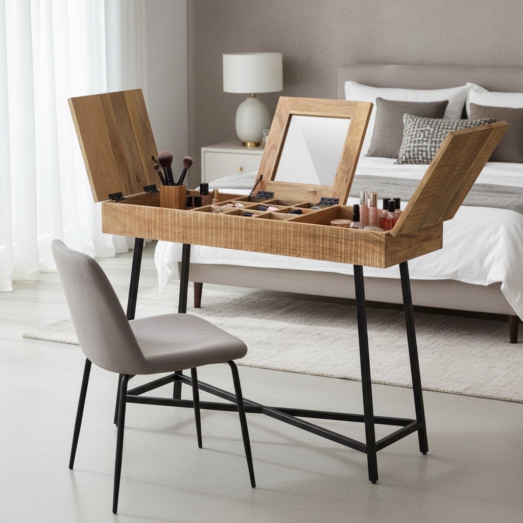 Kaptafel met inklapbare spiegel in moderne slaapkamer