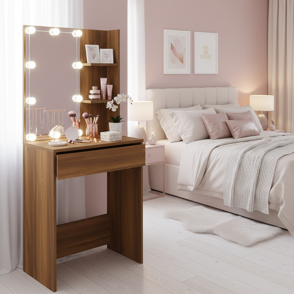 Kaptafel met LED-verlichting in bruineiken - elegante meisjeskamer