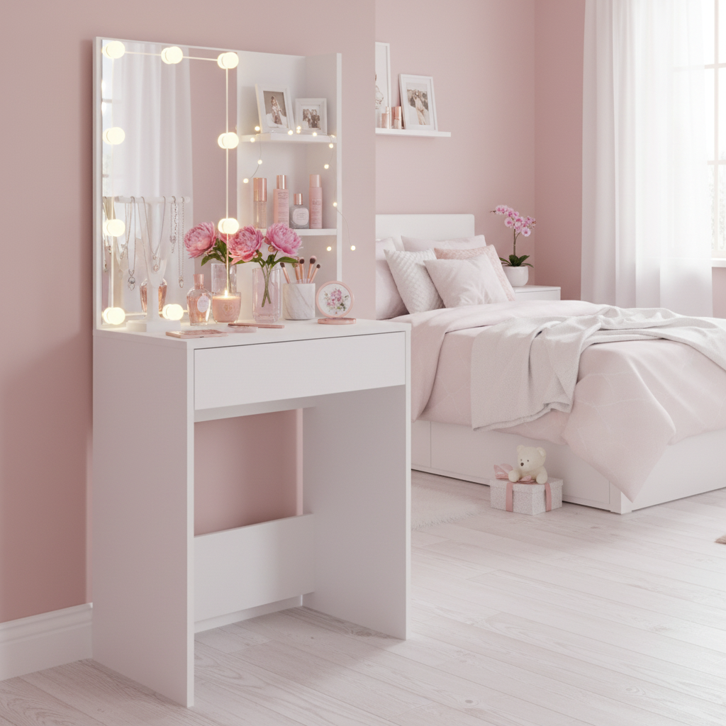 Kaptafel met LED-verlichting in wit - feminine meisjeskamer (gecorrigeerd)