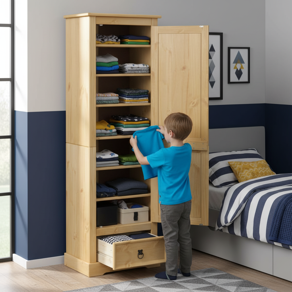 Kast met open deuren in jongenskamer