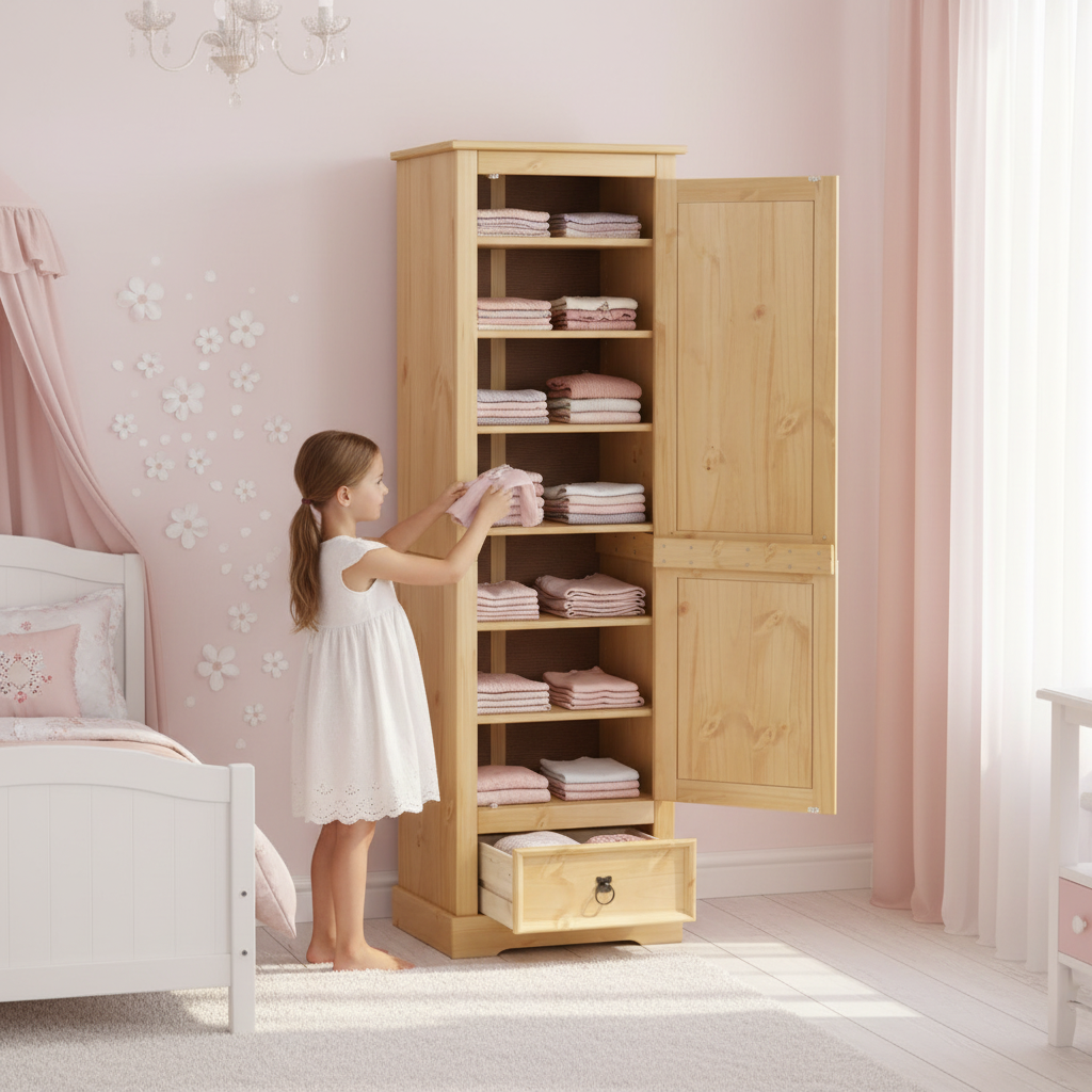 Kast met open deuren in meisjeskamer