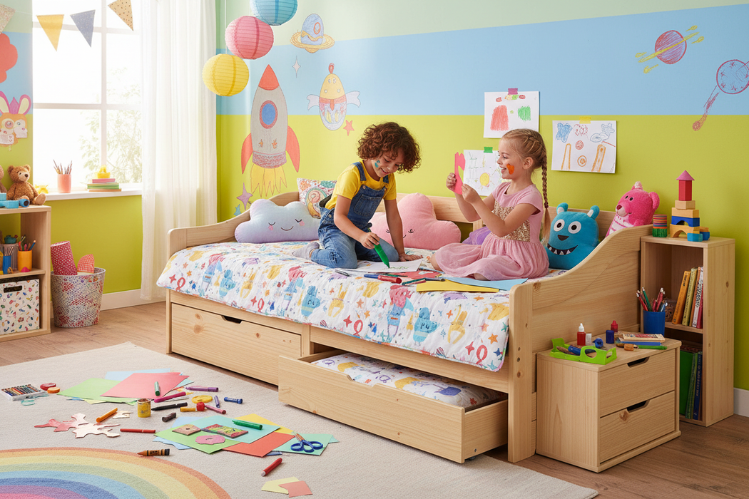 Kinderbed Azalea met vriendjes aan het knutselen
