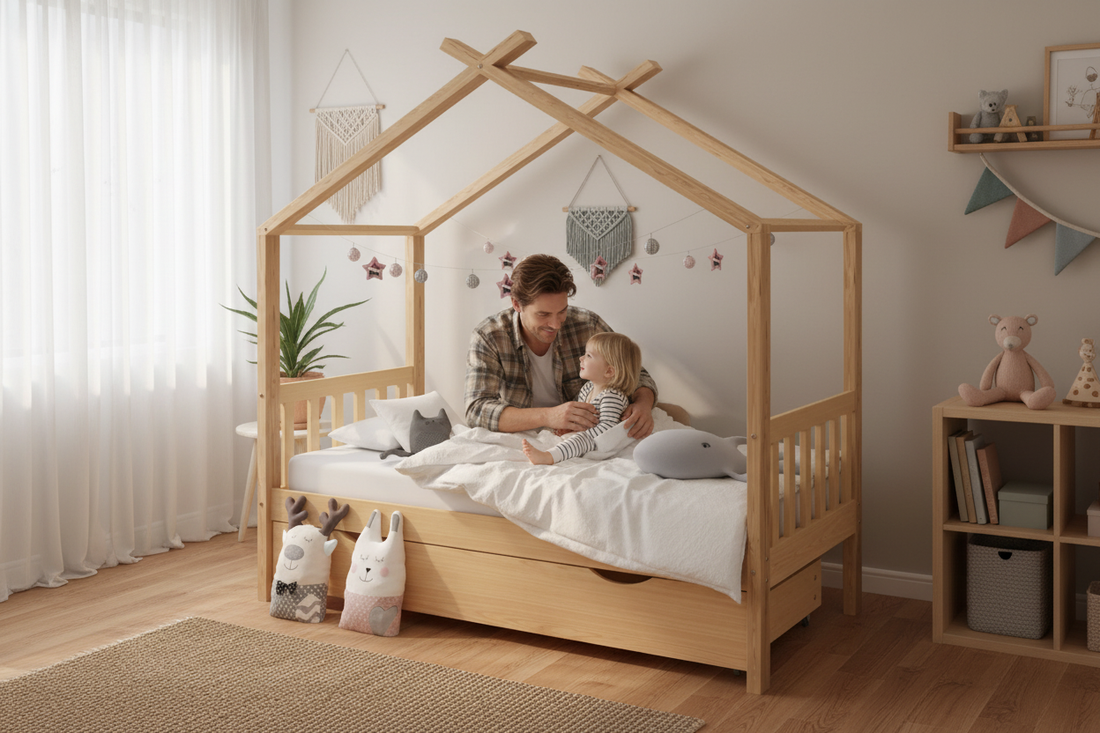 Kinderbed Droompluim bruin met papa en kind