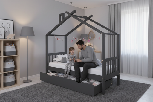 Kinderbed Droompluim donkergrijs met papa en kind