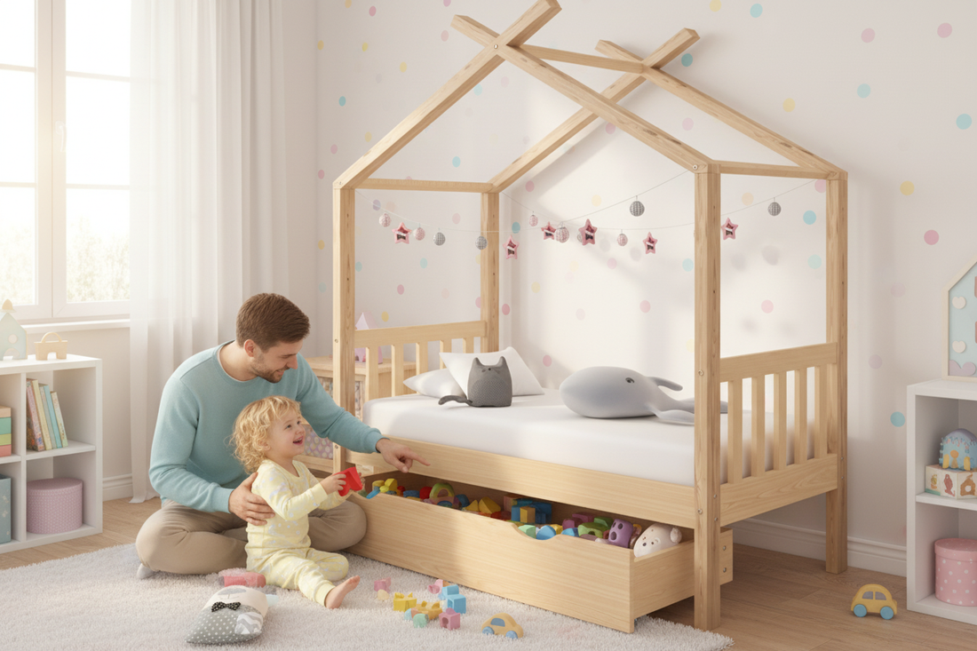 Kinderbed Droompluim wit met papa en kind
