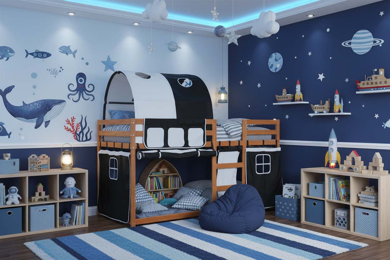 Kinderbed Kevin blauw in avontuurlijke kamer