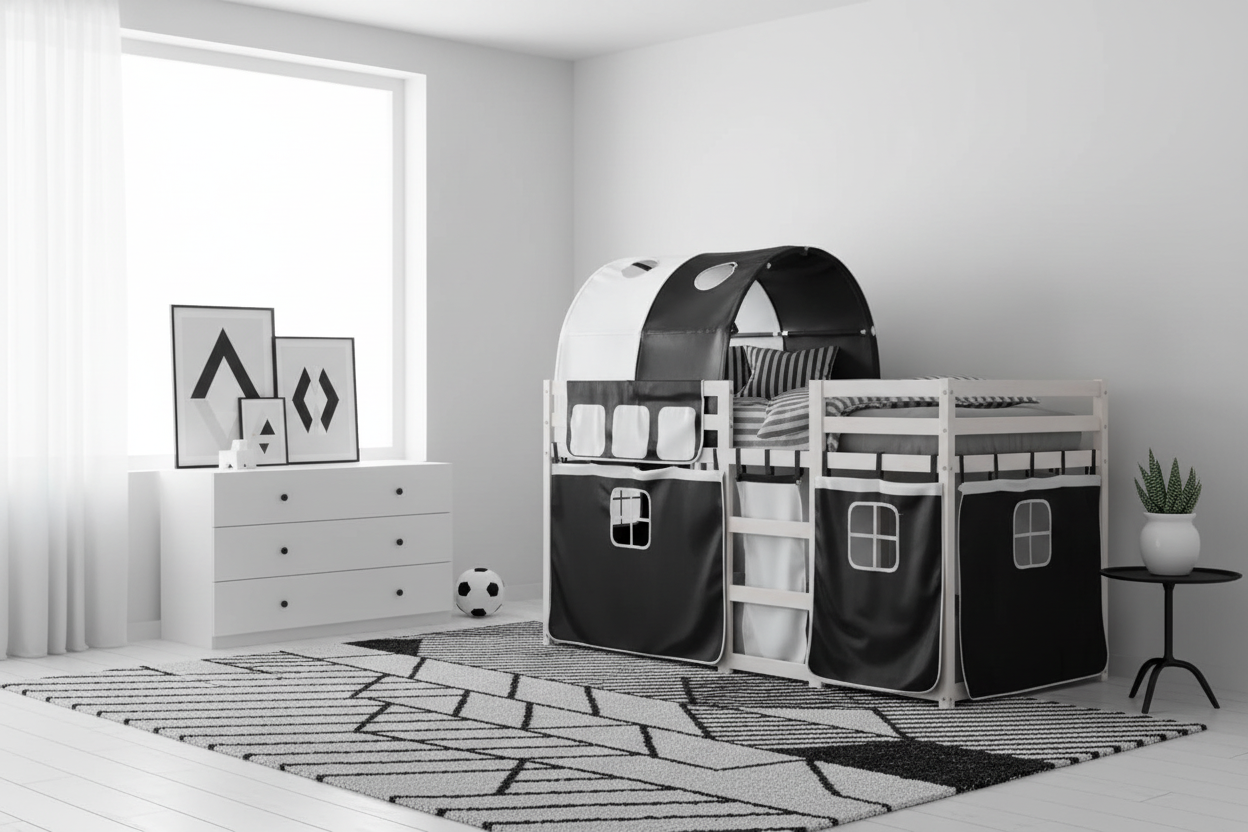 Kinderbed Kevin wit-zwart in minimalistische kamer