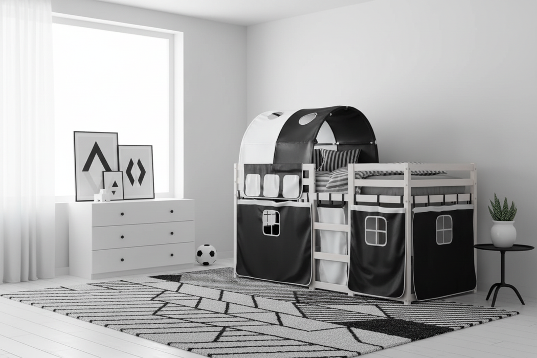 Kinderbed Kevin wit-zwart in minimalistische kamer
