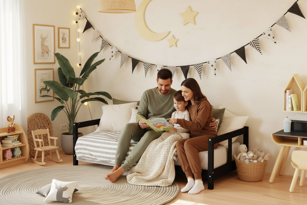 Kinderbed Milan naturel met gezin