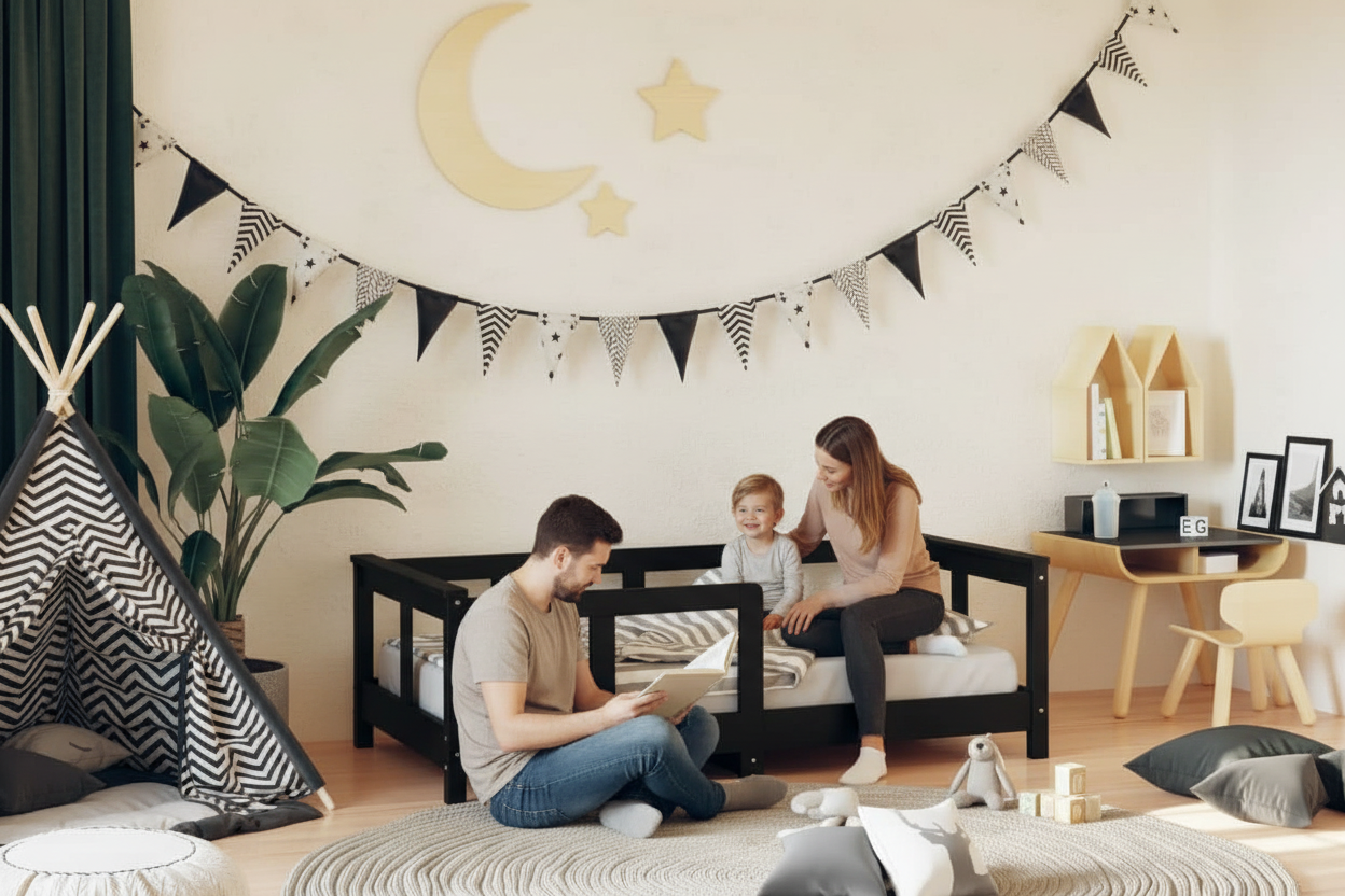 Kinderbed Milan zwart met gezin