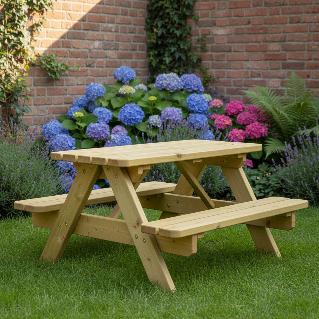 Kinderpicknicktafel bij bakstenen muur