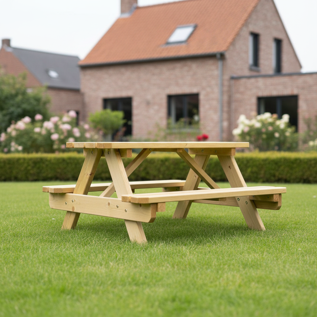 Kinderpicknicktafel close-up Vlaamse tuin