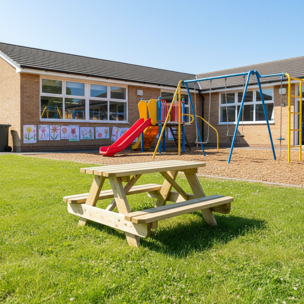 Kinderpicknicktafel bjorn op basisschool speelplaats