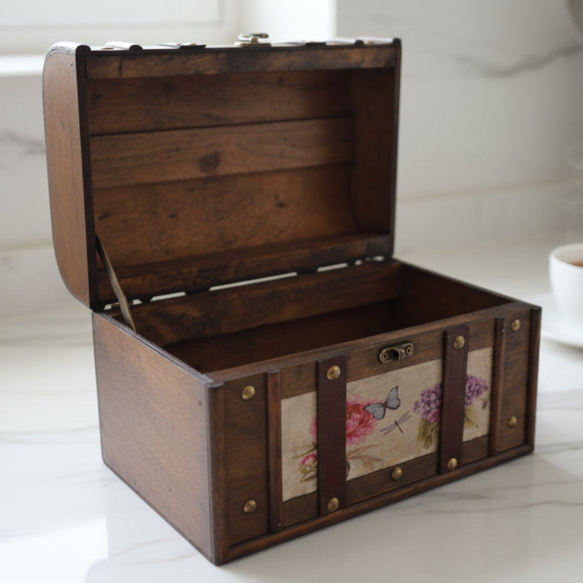 Vintage houten sieradendoos met bloemenmotief en handvat – 26 x 18 x 17 cm – foto 4