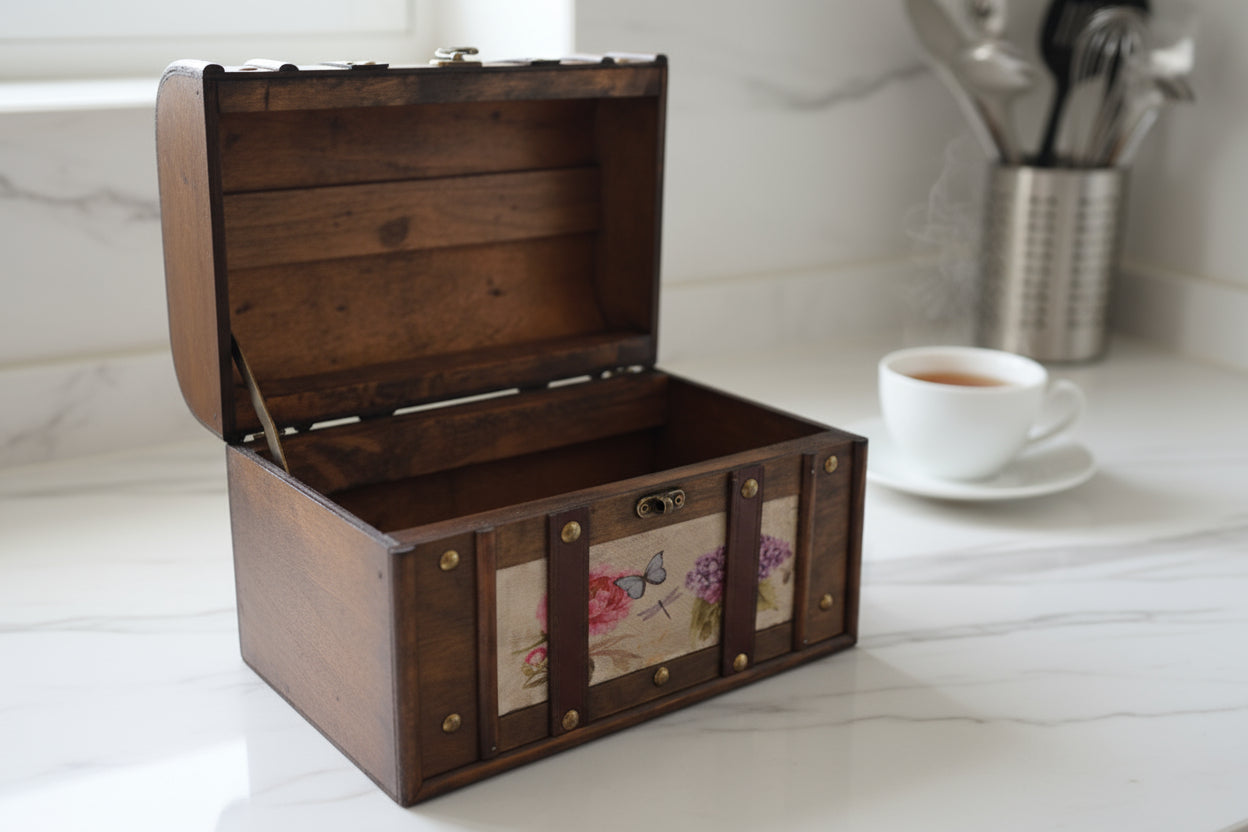 Vintage houten sieradendoos met bloemenmotief en handvat – 26 x 18 x 17 cm