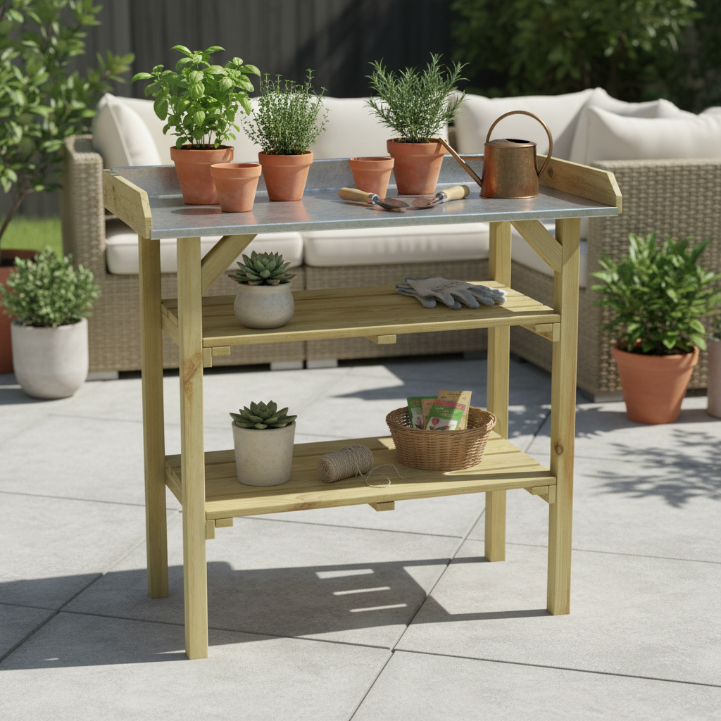 Kleine tuinwerkbank op terras