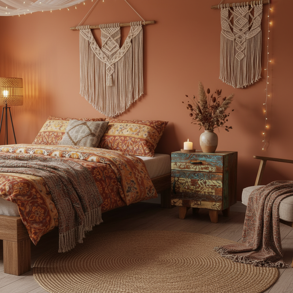 Kleurrijk nachtkastje in bohemian kamer