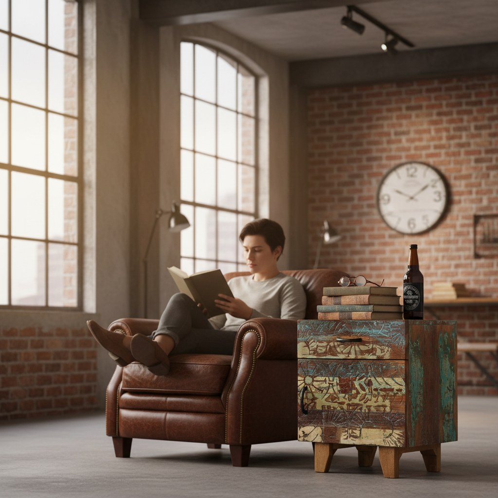 Kleurrijk nachtkastje in loft