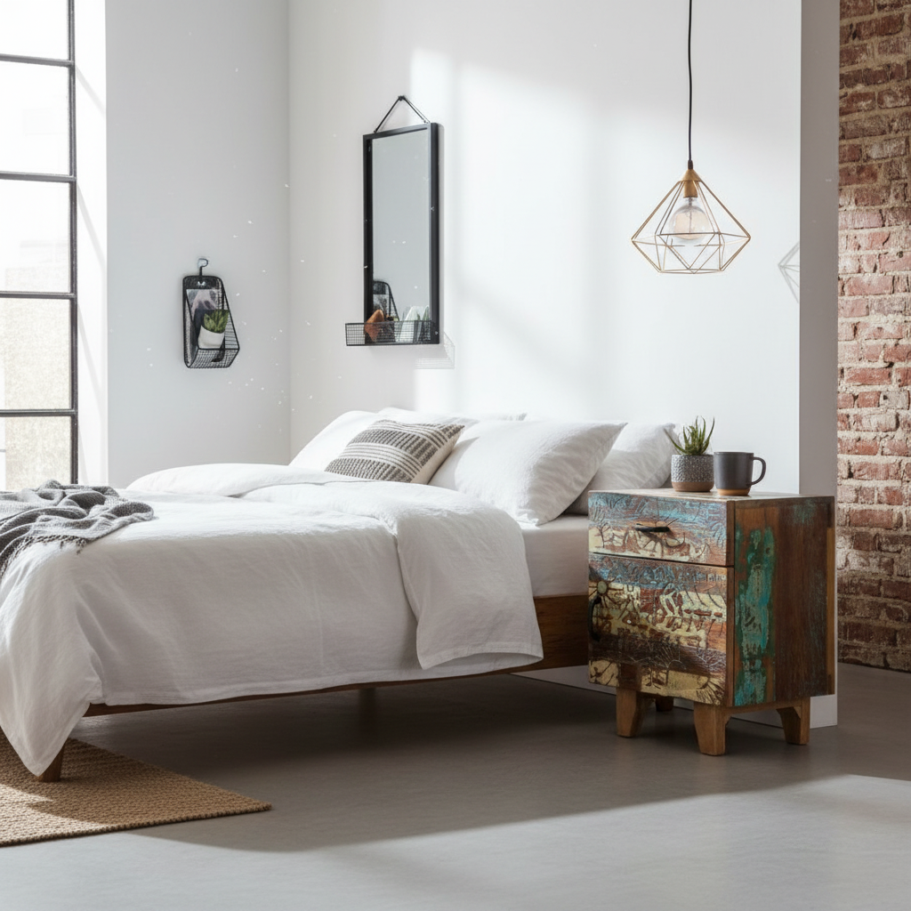 Kleurrijk nachtkastje in moderne slaapkamer