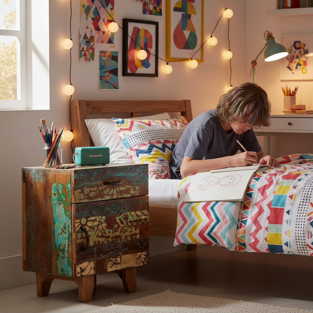 Kleurrijk nachtkastje in tienerkamer