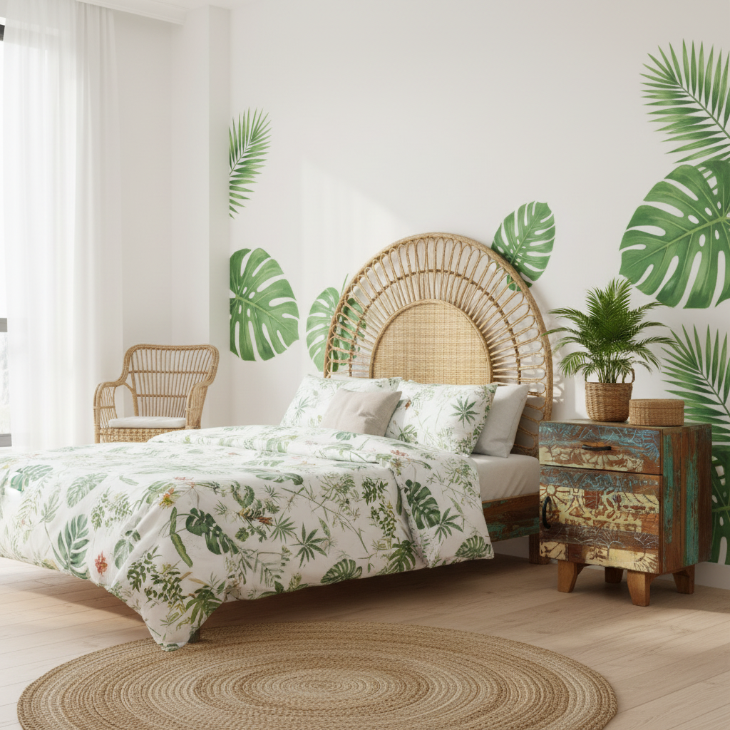 Kleurrijk nachtkastje in tropische kamer