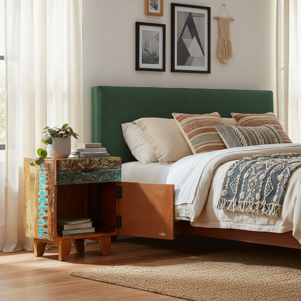 Kleurrijk nachtkastje met open deur