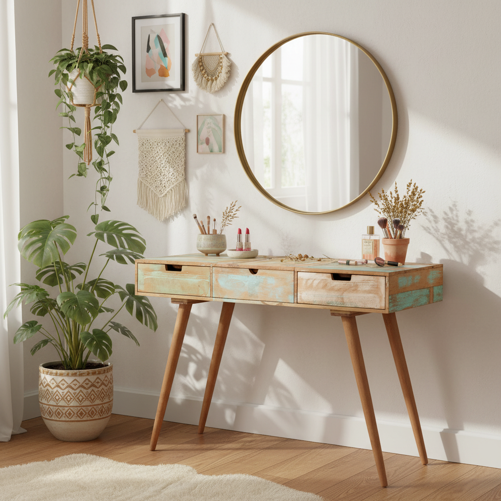 Kleurrijke kaptafel in bohemian slaapkamer