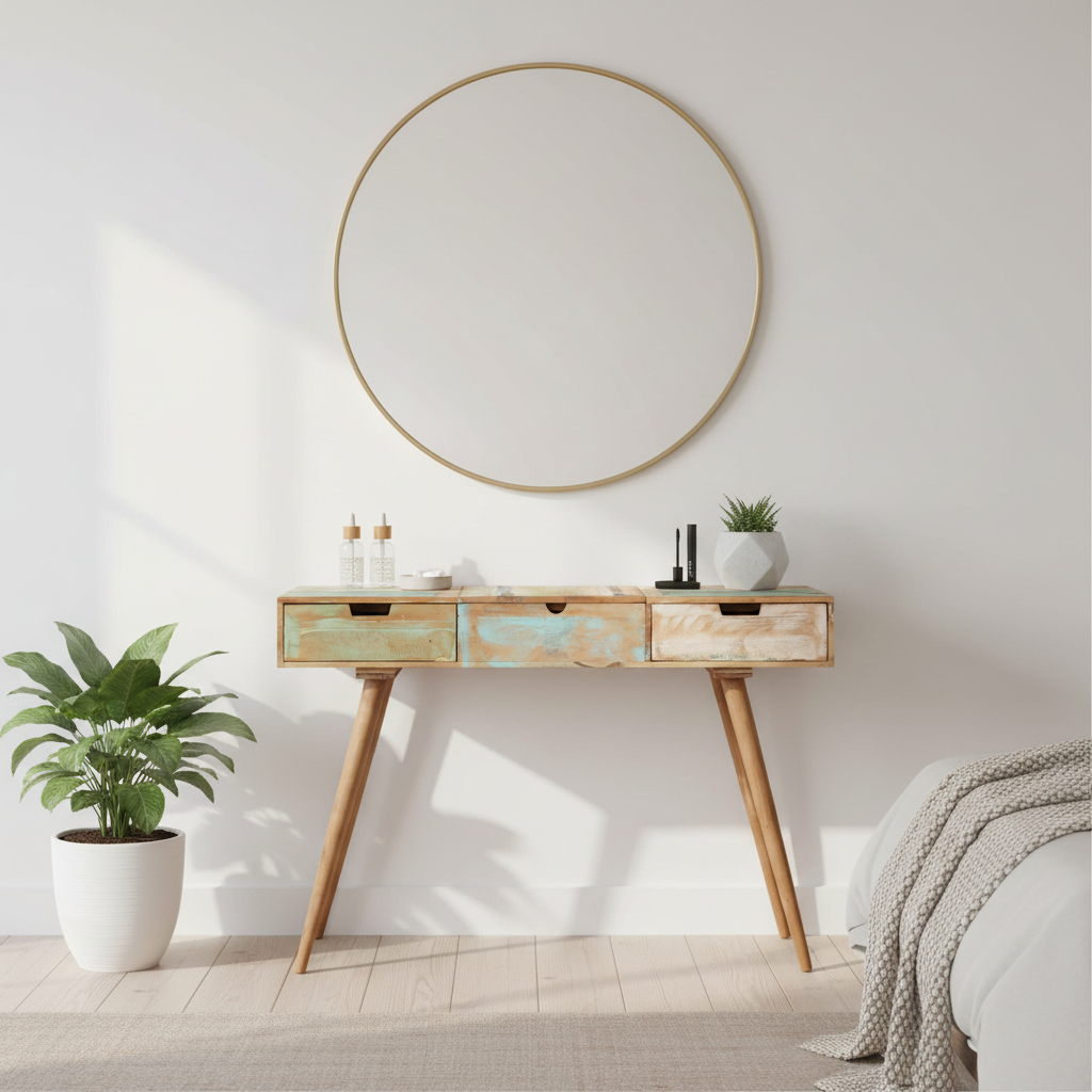 Kleurrijke kaptafel in Scandinavische slaapkamer