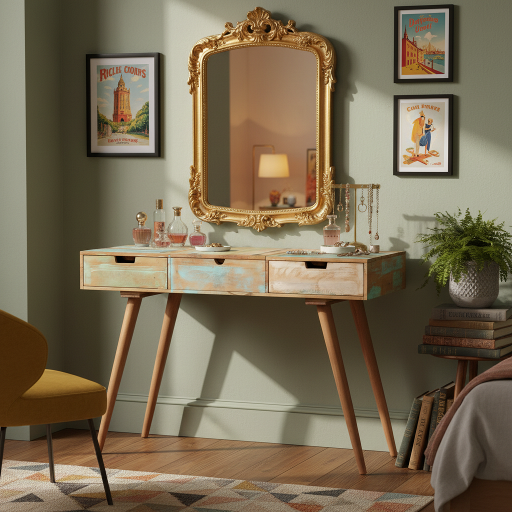 Kleurrijke kaptafel in vintage slaapkamer