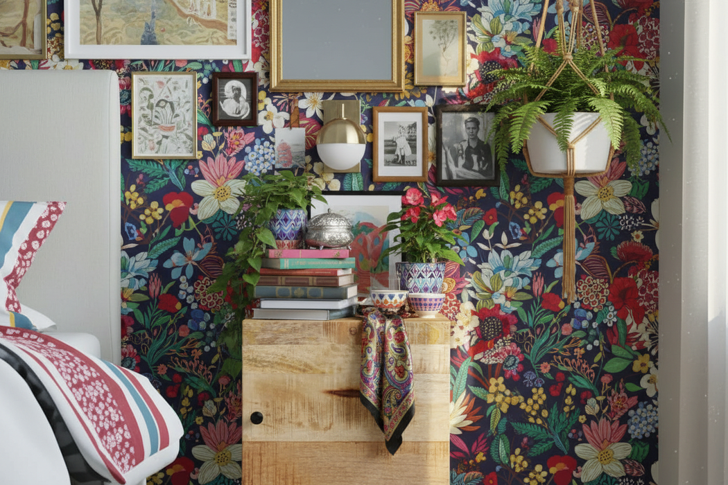 Kleurrijke maximalistische slaapkamer