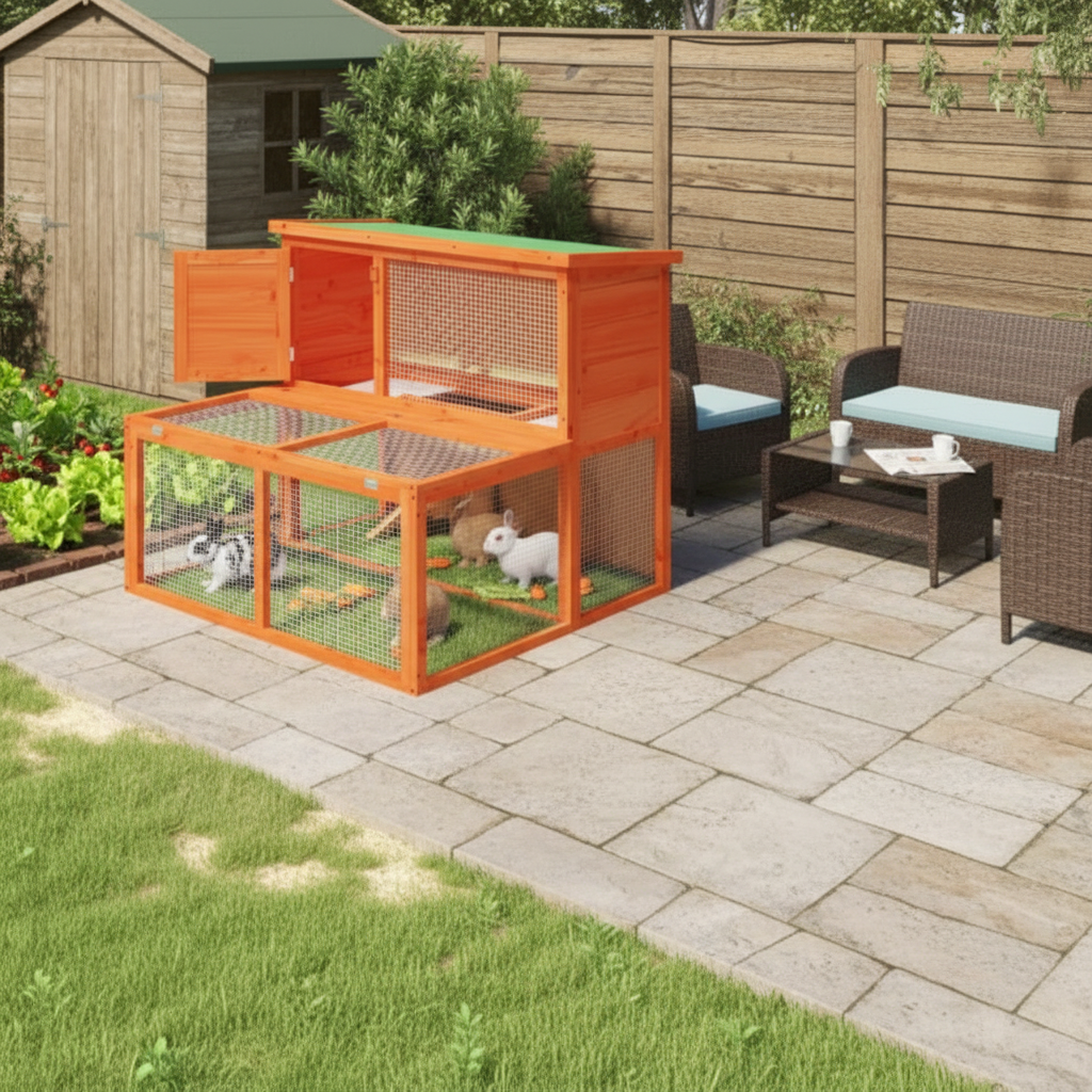 Konijnen eten groenten op terras