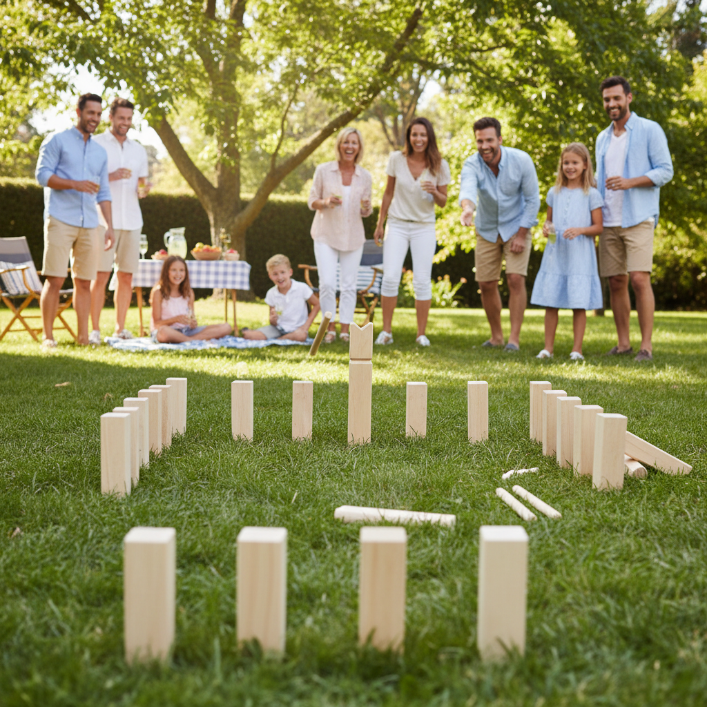 Kubb spel bij gezinsfeest