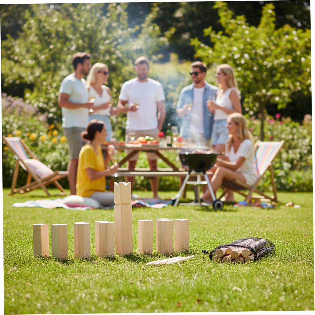 Kubb spel bij tuinfeest