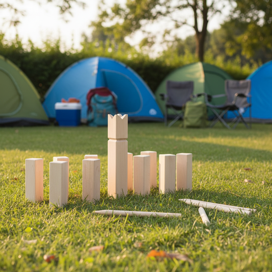 Kubb spel tijdens camping