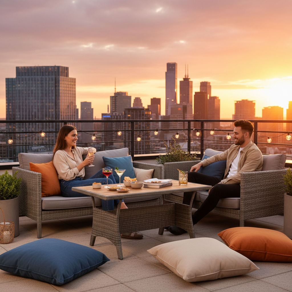 Lage rotan tafel met lounge sofas