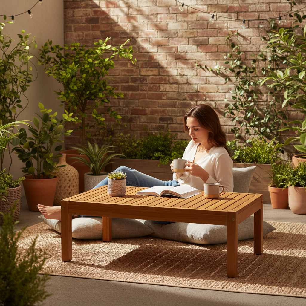 Lage tafel met persoon aan koffie