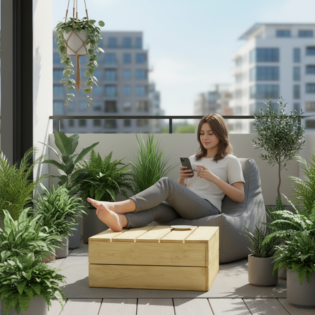 Lage tafel op balkon met beanbag