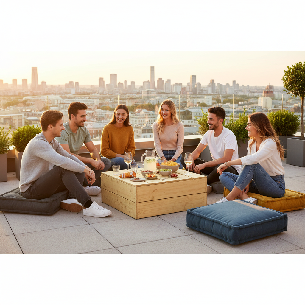 Lage tafel op rooftop met vrienden
