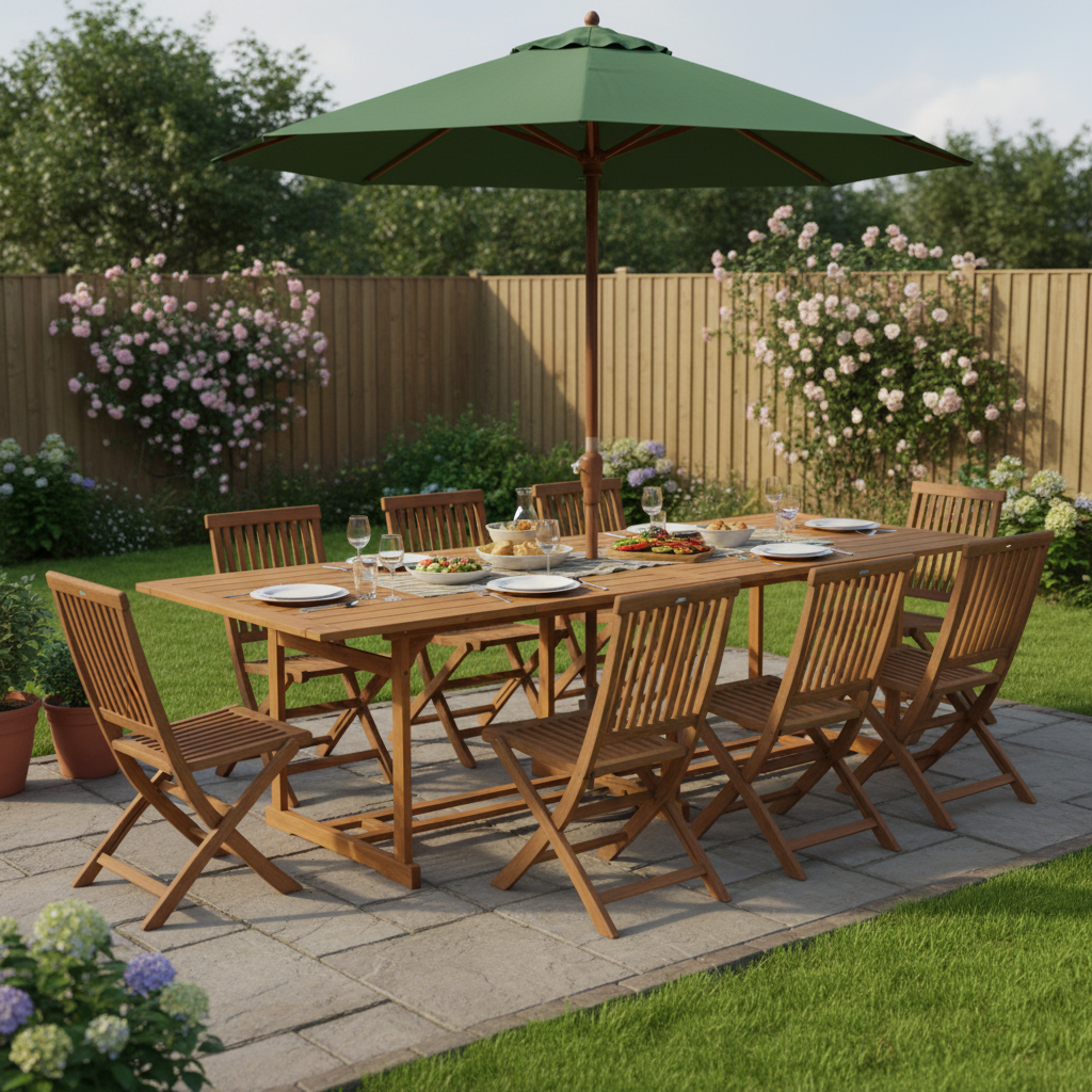 Lange tuintafel met familie