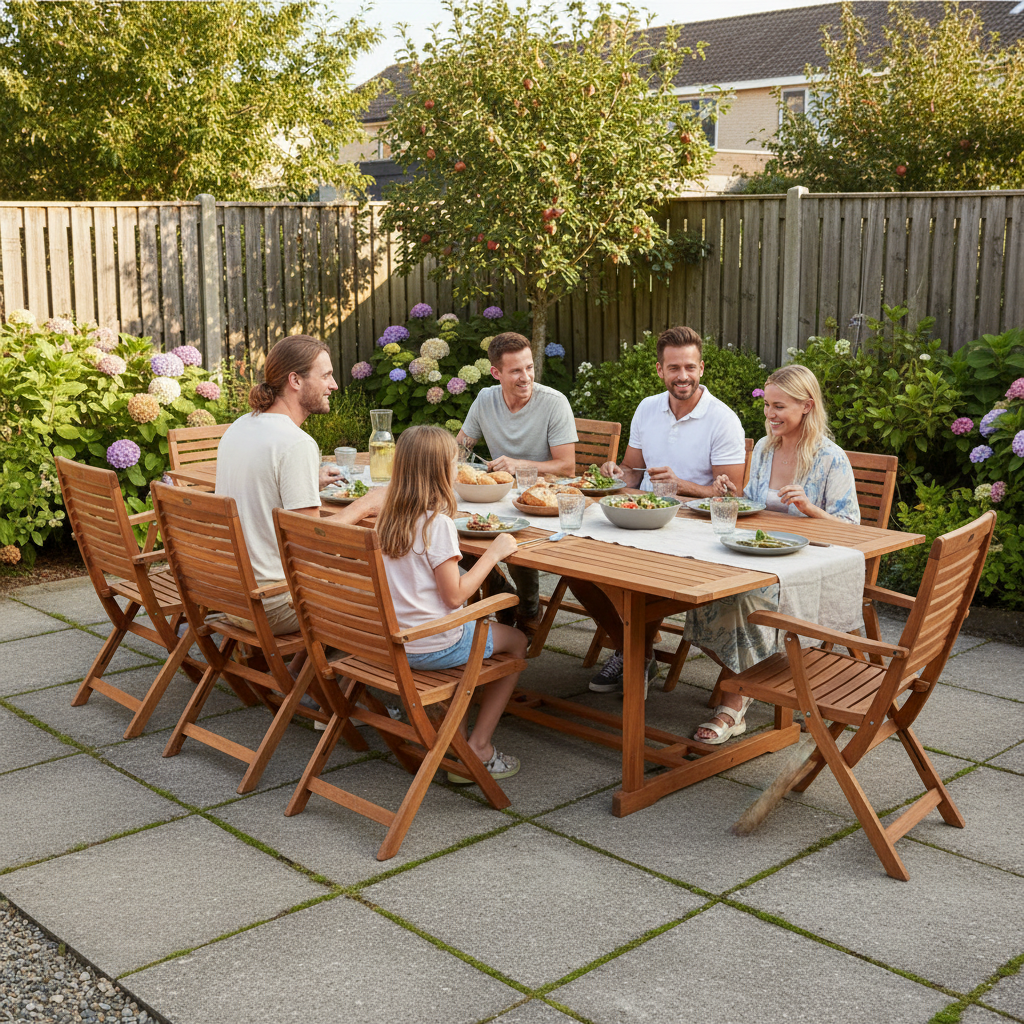 Lange tuintafel met lunch