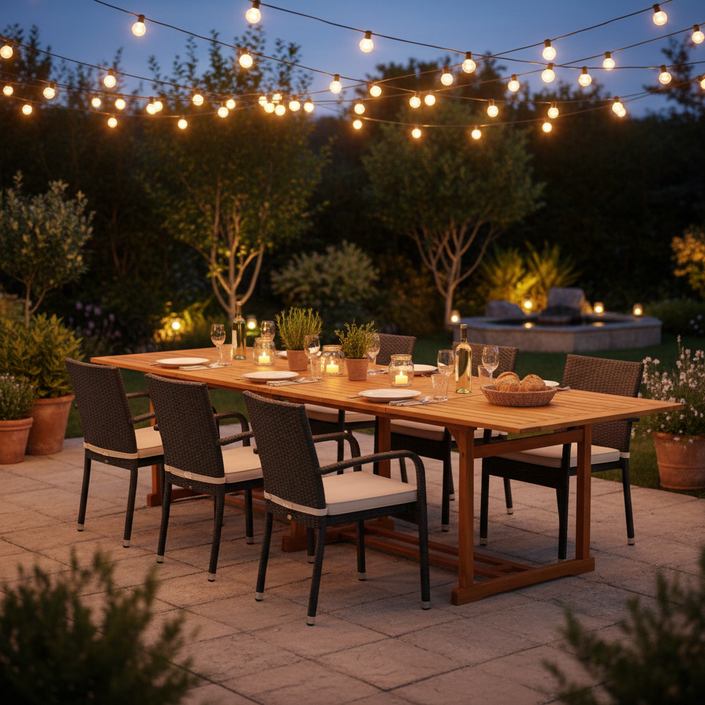 Lange tuintafel met sfeerverlichting