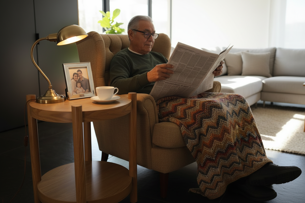 Latino senior leest krant in fauteuil 12:33